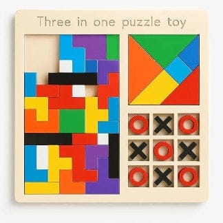 3 in 1 Wooden Puzzle Toy for Kids | Tangram, Tic-Tac-Toe & Building Blocks Educational Toy